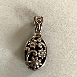 Sterling Silver Oval Black stone Two Sided Pendant Floral Scroll